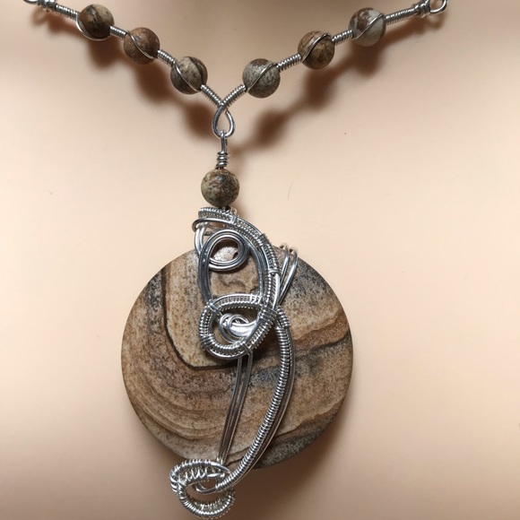 Jewelry Set- Picture Jasper Sterling Silver Necklace and Earring Set- Statement - Picture 2 of 11